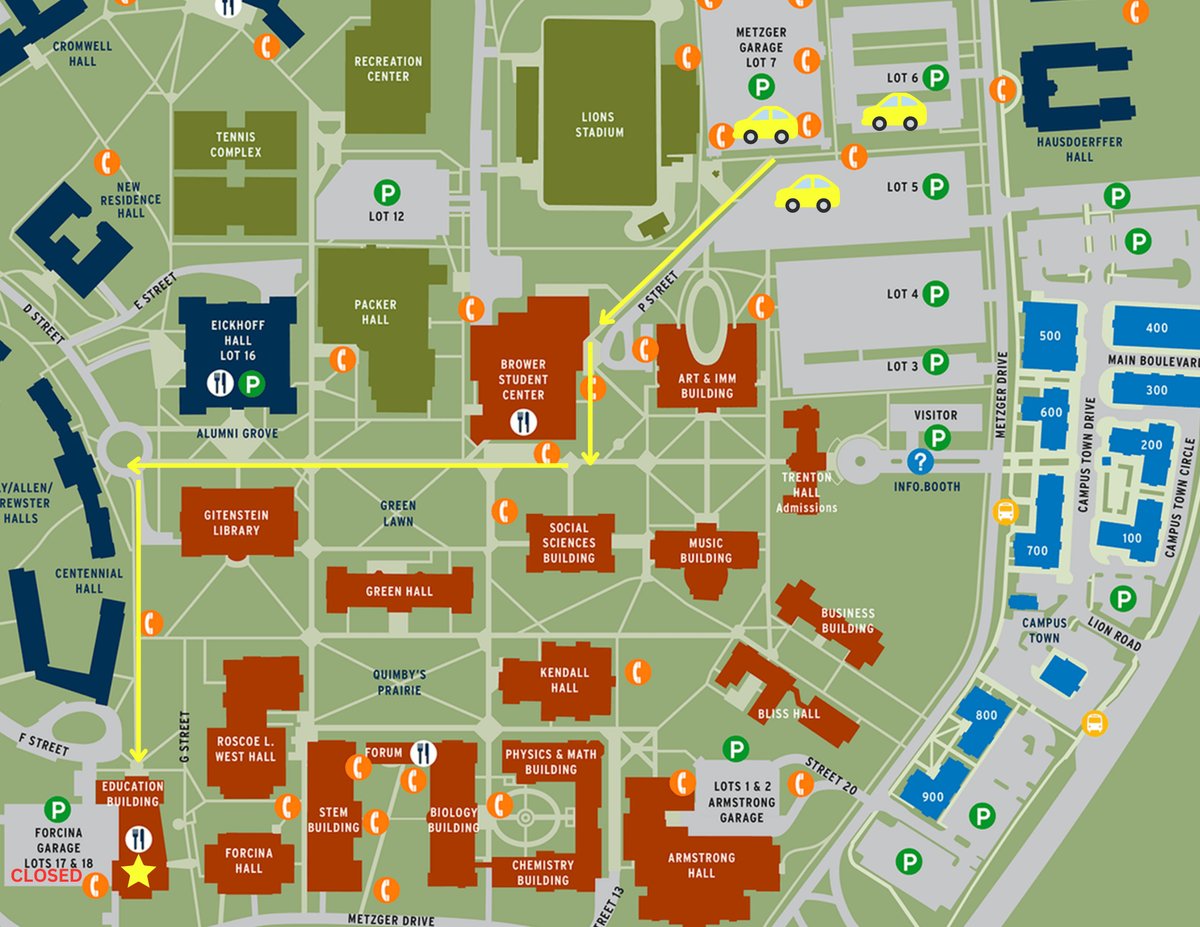 Campus map showing walking route from Lots 5, 6, and 7 to the Education Building at The College of New Jersey